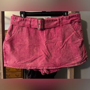 Pink Women's Denim Belted Skirt Shorts Skort Y2K